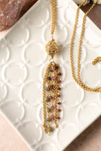 Load image into Gallery viewer, Green Cats Eye, Garnet, Pink Tourmaline Tassel Necklace