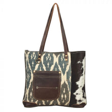 Load image into Gallery viewer, Up-Cycled Canvas, Genuine Leather, &amp; Natural Hair-On Leather Tote Bag
