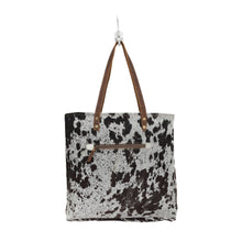 Load image into Gallery viewer, Up-Cycled Canvas, Genuine Leather, &amp; Natural Hair-On Leather Tote Bag
