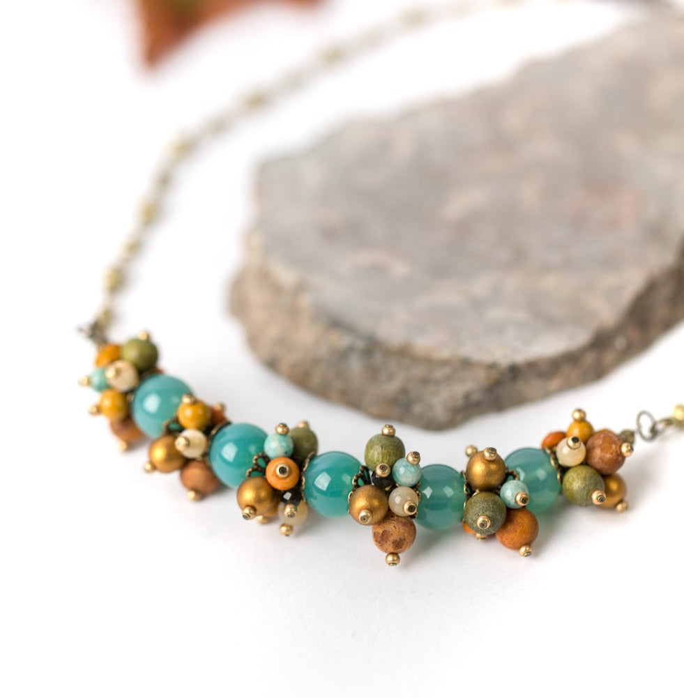 Gemstone Cluster Necklace - Agate, Cat's Eye, Amazonite, Pearl