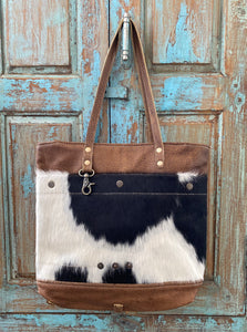 Up-Cycled Canvas, Genuine Leather, & Natural Hair-On Leather Tote Bag