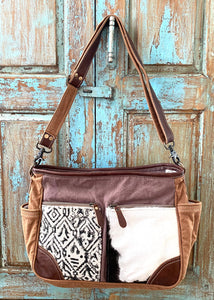 Up-Cycled Canvas, Genuine Leather, & Natural Hair-On Leather Shoulder Bag/Cross-body Bag