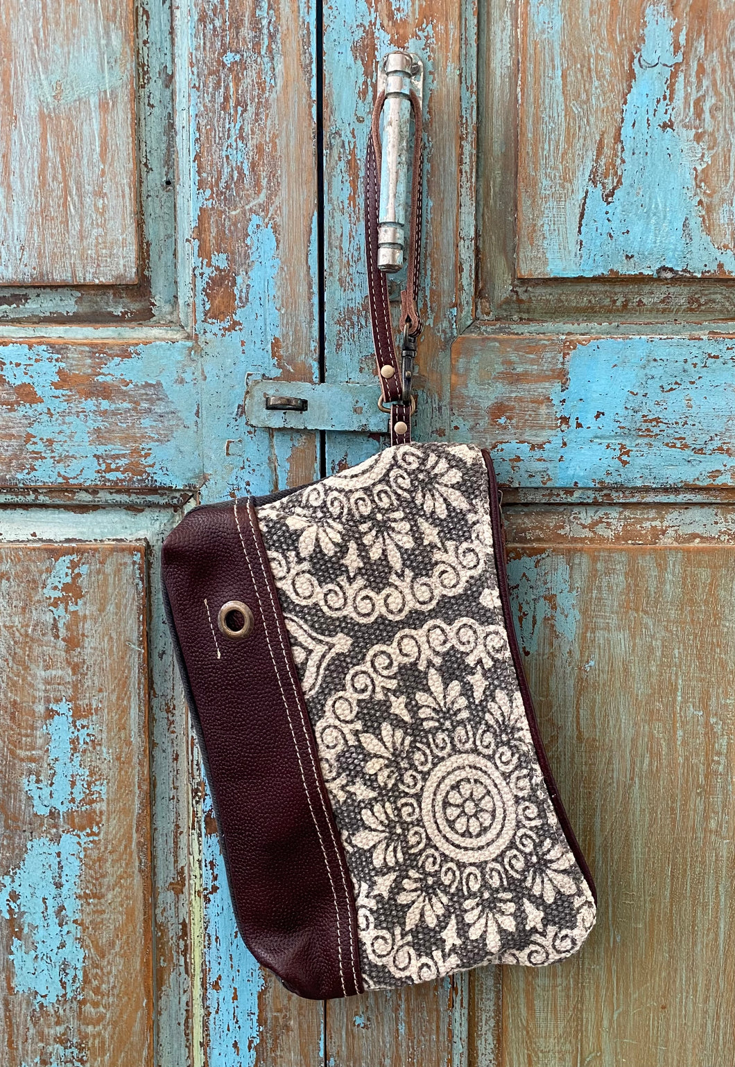 Up-Cycled Canvas & Genuine Leather Wristlet