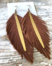 Load image into Gallery viewer, Large Leather &amp; Brass Earrings - Feather
