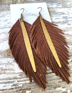 Large Leather & Brass Earrings - Feather