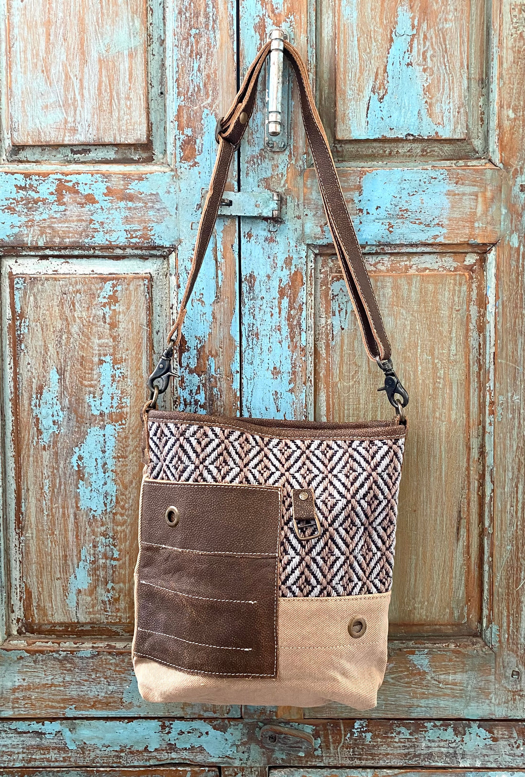 Up-Cycled Canvas & Genuine Leather Shoulder Bag/Cross-body Bag