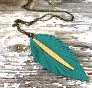 Large Leather & Brass Earrings - Feather