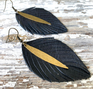 Medium Leather & Brass Earrings - Feather