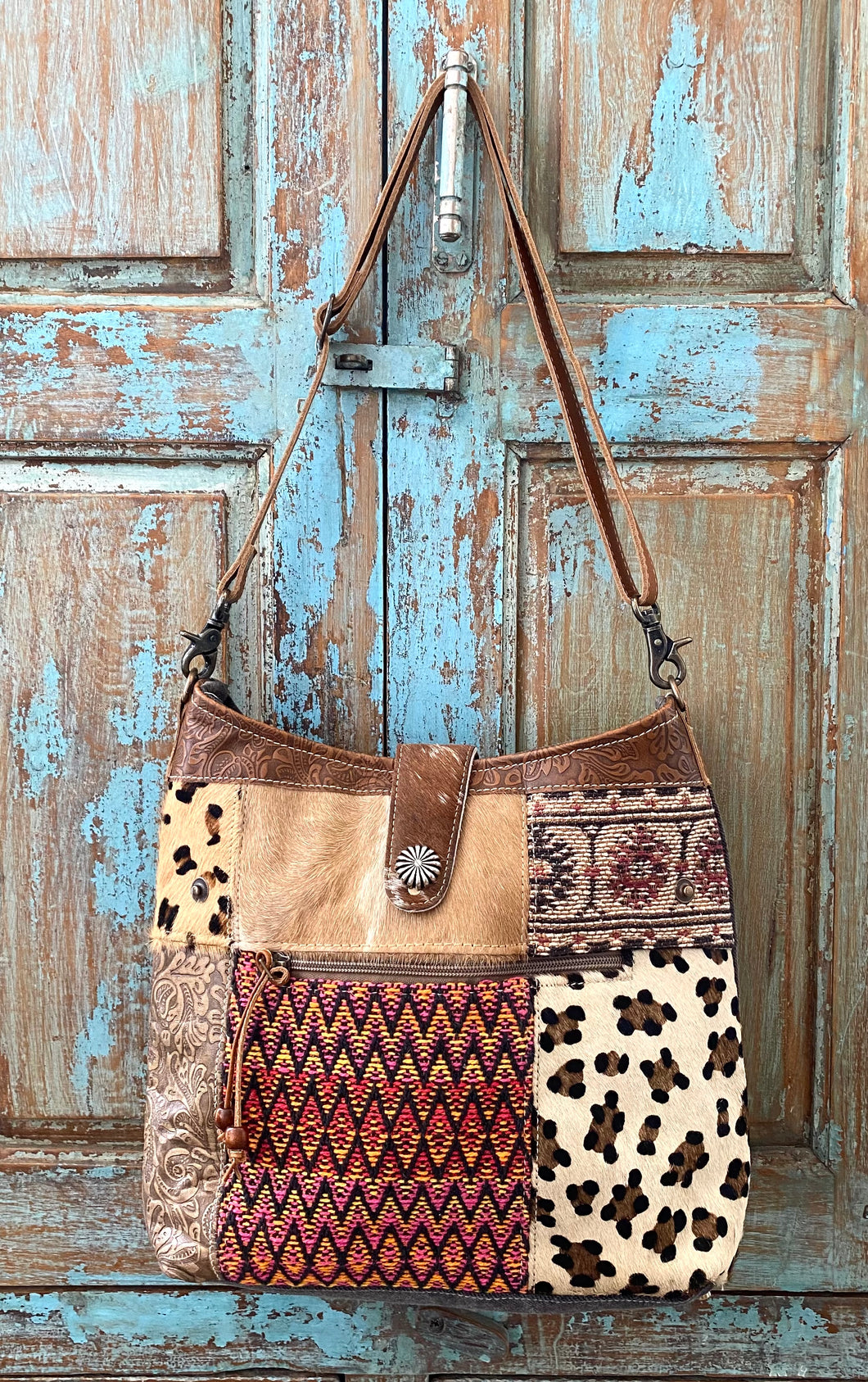 Up-Cycled Canvas, Genuine Leather, & Natural Hair-On Shoulder Bag/Cross-body Bag