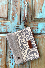 Load image into Gallery viewer, Up-Cycled Canvas, Genuine Leather, &amp; Hair-On Wristlet
