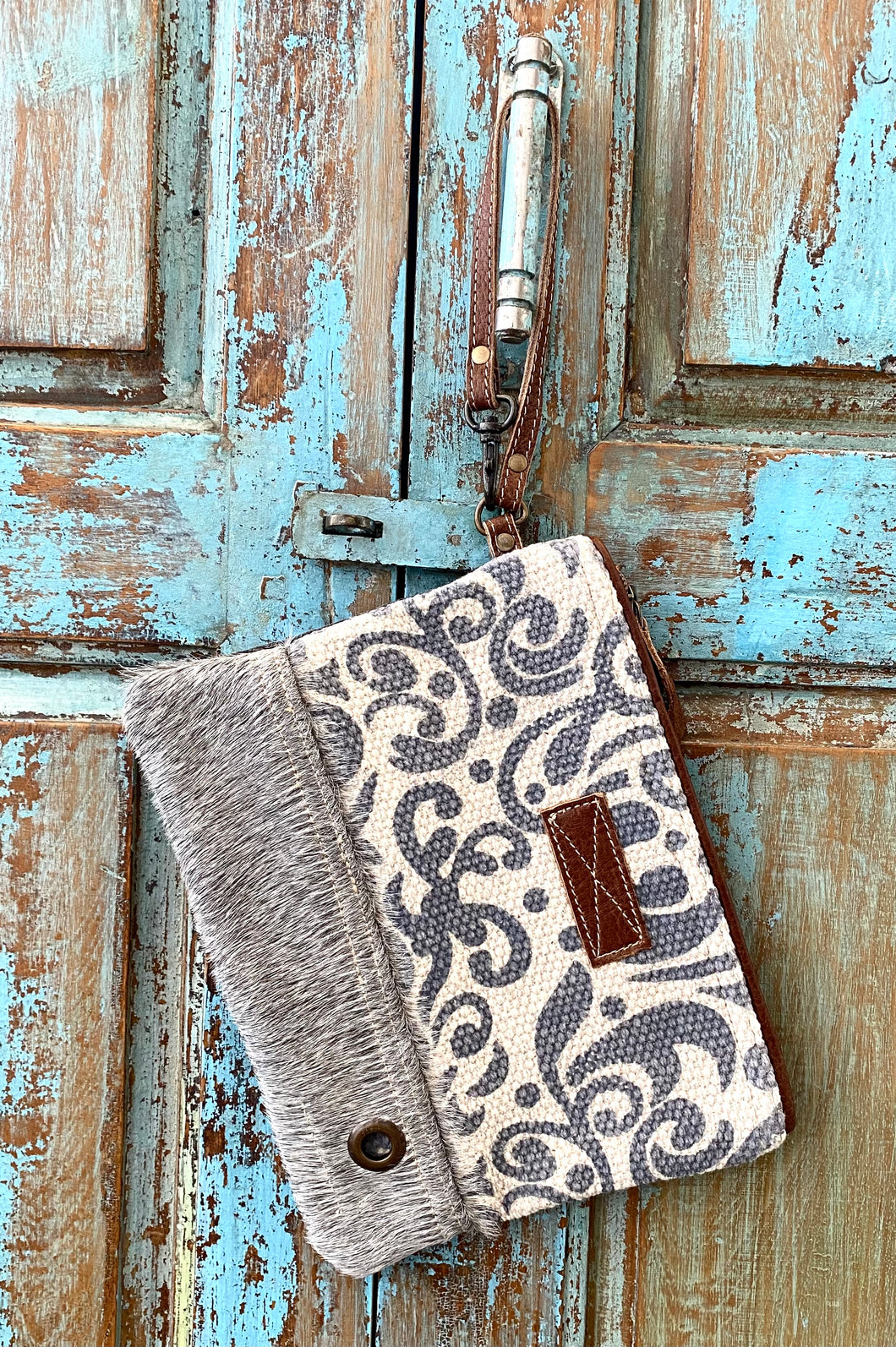 Up-Cycled Canvas, Genuine Leather, & Hair-On Wristlet