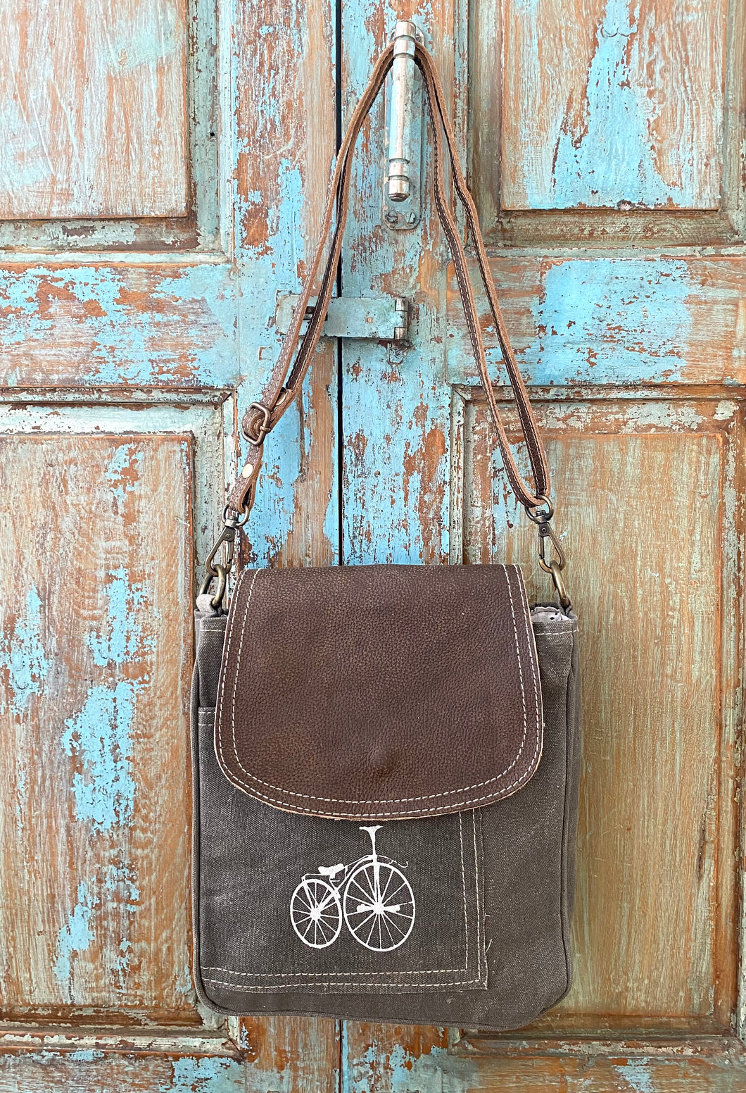 Up-Cycled Canvas & Genuine Leather Shoulder Bag/Cross-body Bag