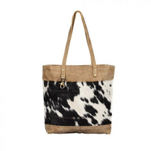 Load image into Gallery viewer, Up-Cycled Canvas, Genuine Leather, &amp; Natural Hair-On Leather Tote Bag
